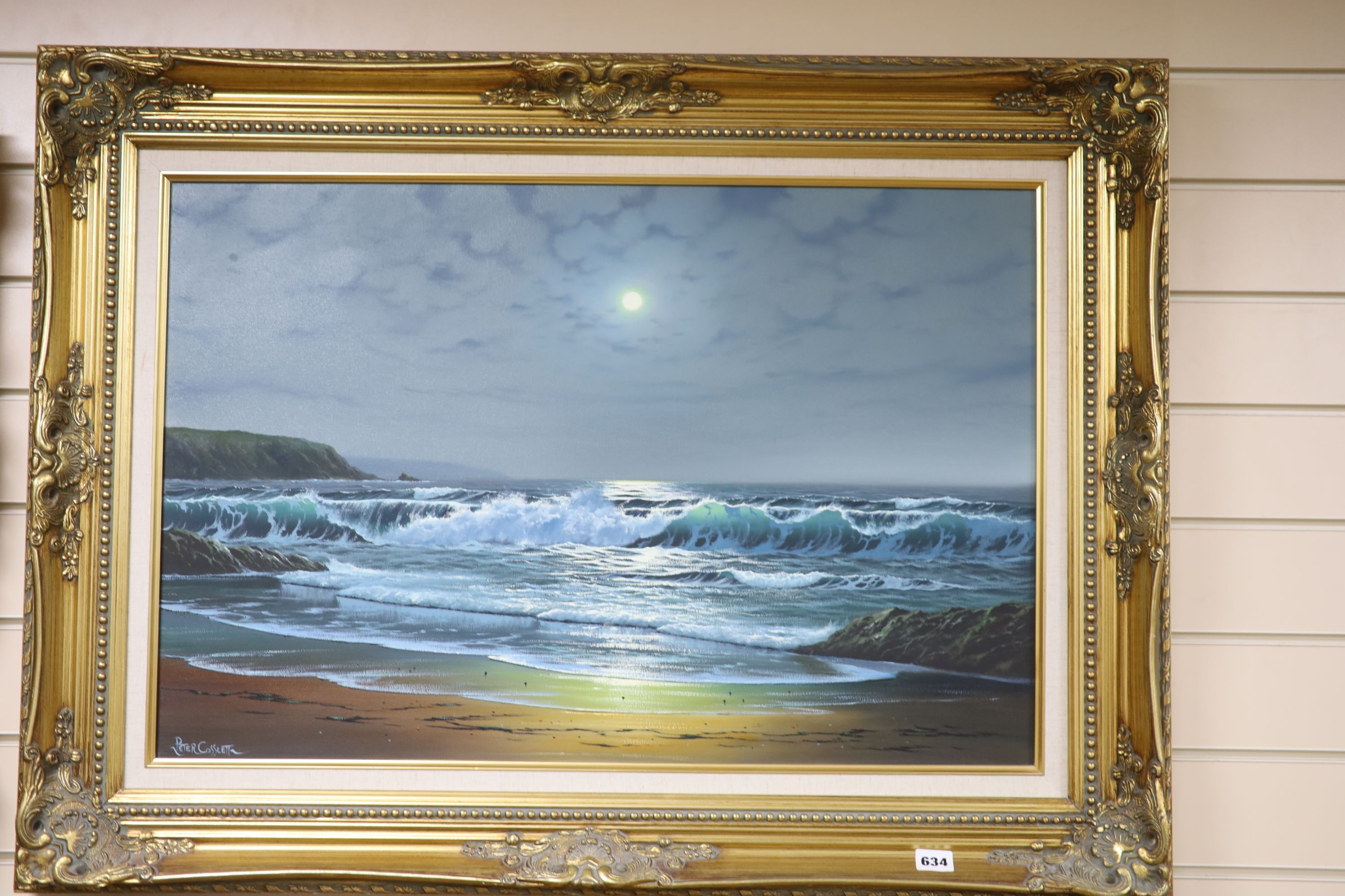 Peter Cosslett (1927-), oil on canvas, Waves breaking on the shore under moonlight, signed, 50 x 75cm